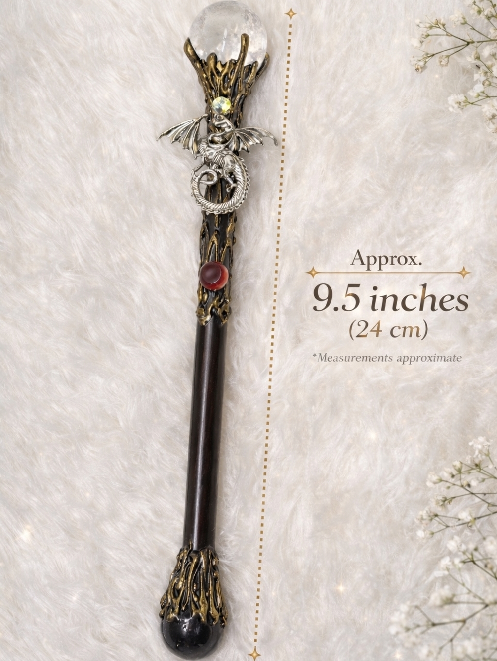 Dragon Crystal Wand Clear Quartz Sphere Fantasy Decor Witchy Gothic Altar Tool